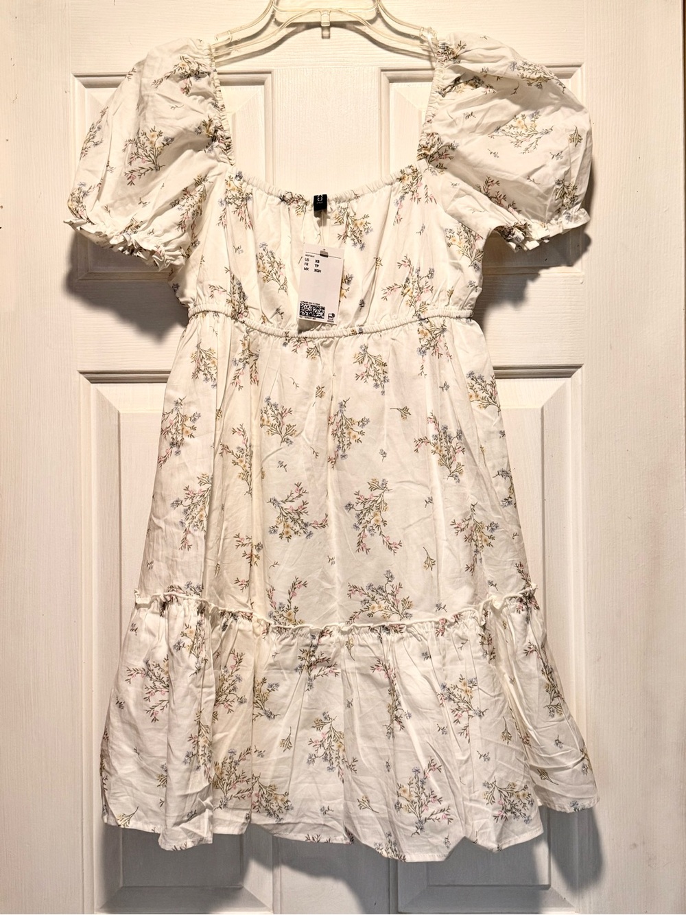 Divided H&M Cream Floral Sheer Mini Dress with Puff Sleeves